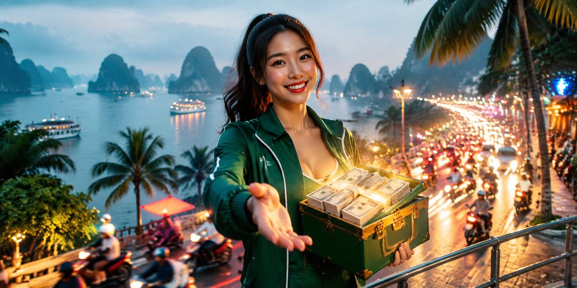 Không gian casino sôi động tại Vịnh Hạ Long với ánh đèn neon và người dùng đặt cược trực tuyến