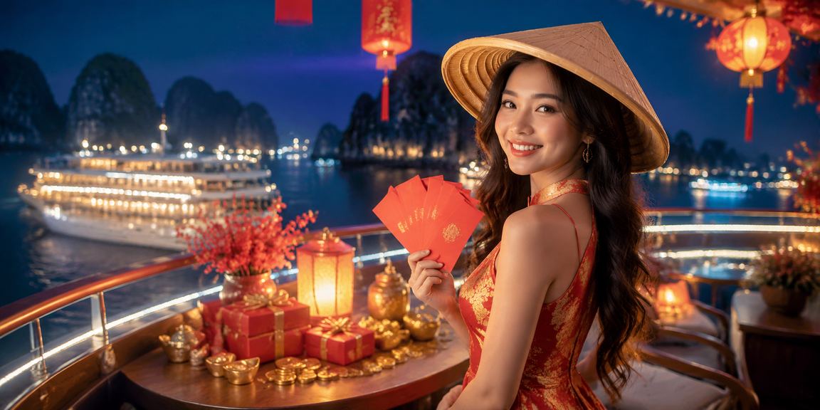 Không khí lễ hội Tết tại Hạ Long với phong bao đỏ và người dùng nhận thưởng casino